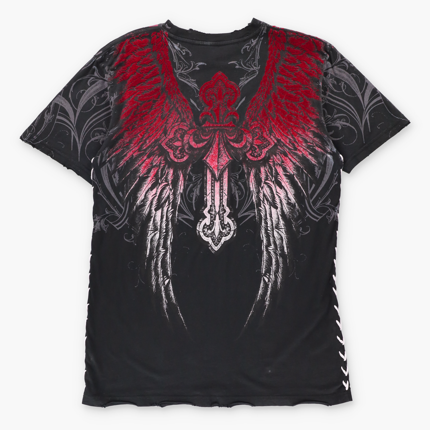AFFLICTION Vintage Y2K Black & Red Velvet Detail Cross Wings USA Made Tee (M TALL) ***COCO Vintage Sole Melbourne