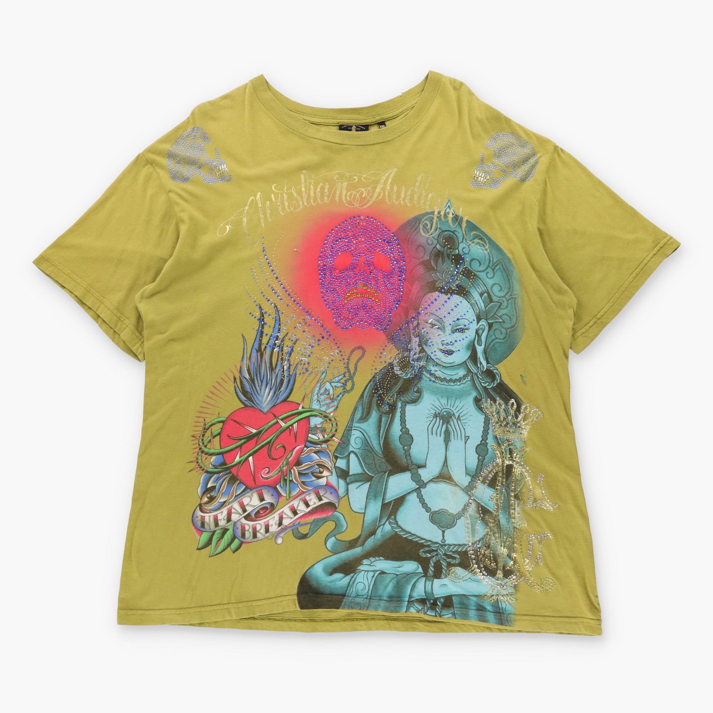 Vintage CHRISTIAN AUDIGIER "Heart Breaker" Gold Foil Logo Embellished Deity Pale Green Y2K Tee USA Made (XXL) ***COCO Vintage Sole Melbourne