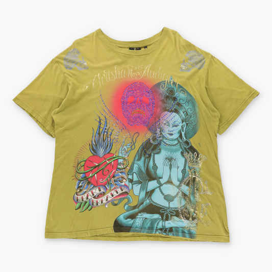 Vintage CHRISTIAN AUDIGIER "Heart Breaker" Gold Foil Logo Embellished Deity Pale Green Y2K Tee USA Made (XXL) ***COCO Vintage Sole Melbourne