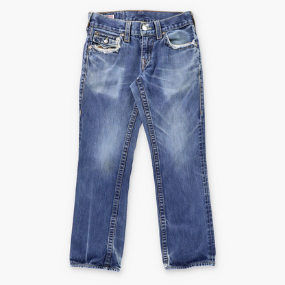 Vintage TRUE RELIGION 'Ricky' Felt Logo Patch USA Made Blue Straight Leg Jeans (30) ***COCO Vintage Sole Melbourne