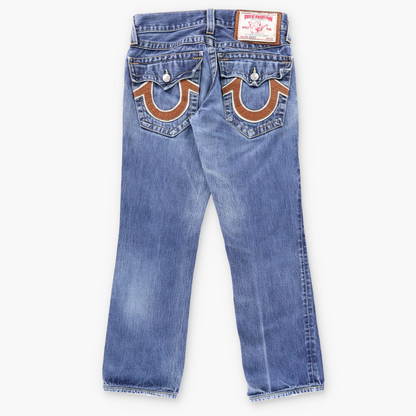Vintage TRUE RELIGION 'Ricky' Felt Logo Patch USA Made Blue Straight Leg Jeans (30) ***COCO Vintage Sole Melbourne