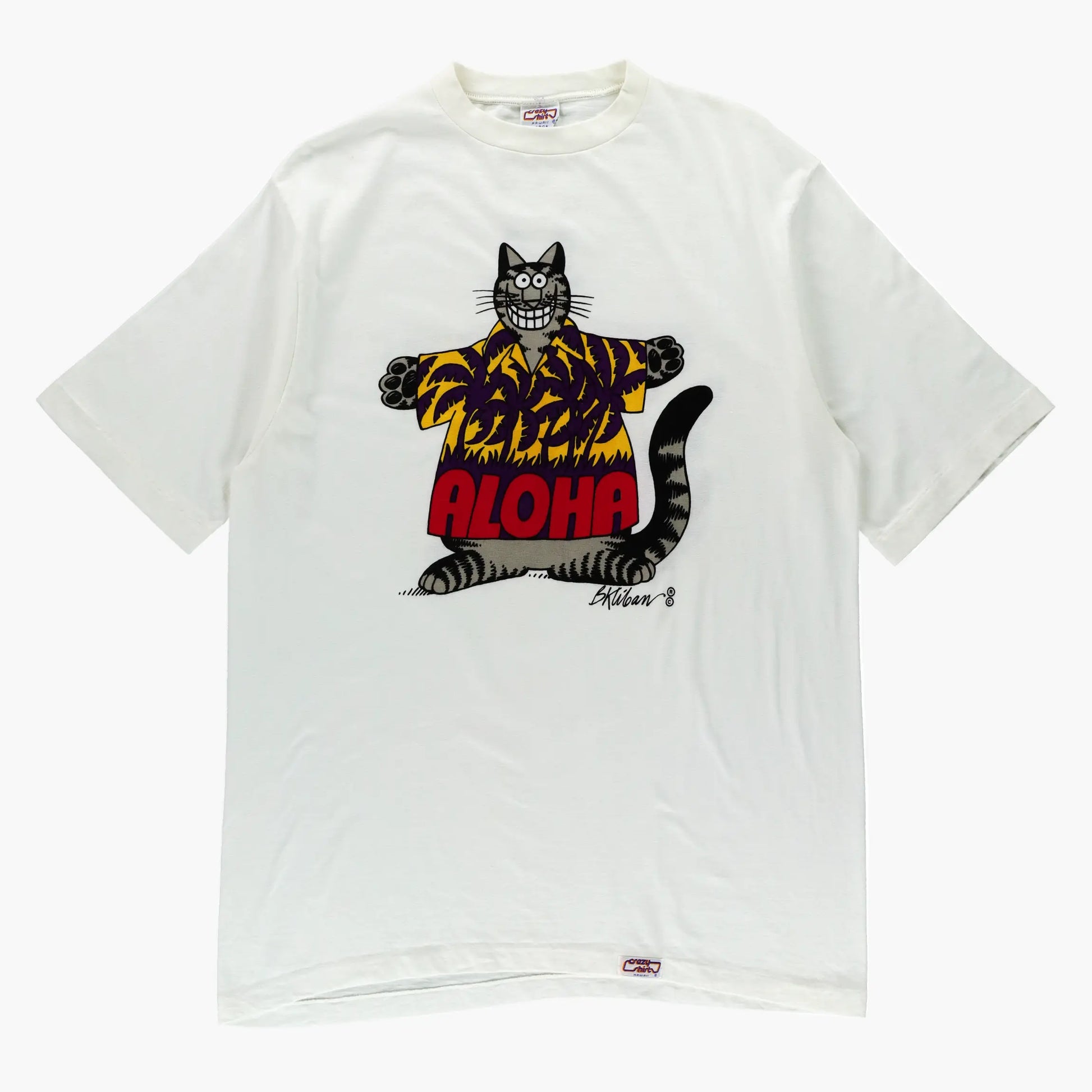 Double Sided B Kliban Cartoon Cat "Aloha" Single Stitch White T-Shirt USA Made (M-L) - Vintage Sole Melbourne