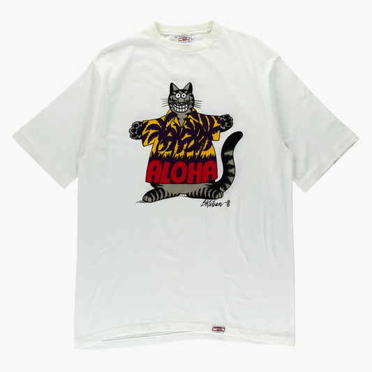 Double Sided B Kliban Cartoon Cat "Aloha" Single Stitch White T-Shirt USA Made (M-L) - Vintage Sole Melbourne