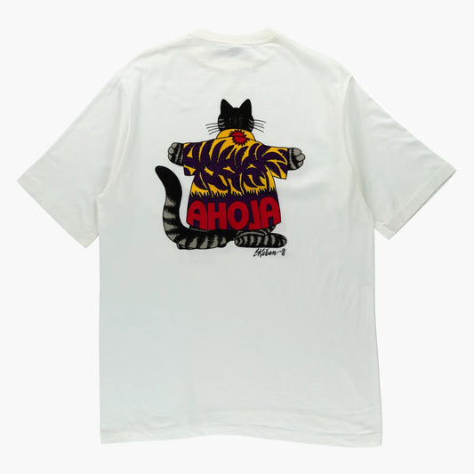 Double Sided B Kliban Cartoon Cat "Aloha" Single Stitch White T-Shirt USA Made (M-L) - Vintage Sole Melbourne