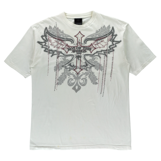 NOT OF THIS WORLD Bible Verses & Cross Graphic White Y2K Style T-Shirt (M-L)