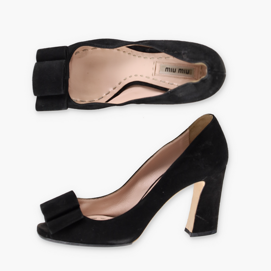 MIU MIU Suede Double Bow Peep Toe Black Italy Made Pump Heels (36)