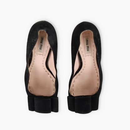 MIU MIU Suede Double Bow Peep Toe Black Italy Made Pump Heels (36)