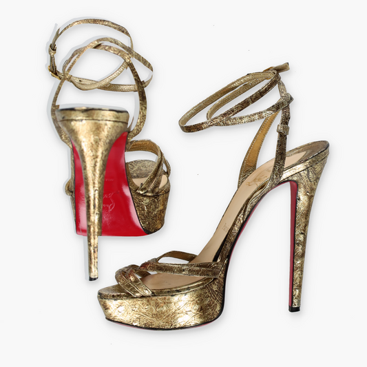 CHRISTIAN LOUBOUTIN 'Passiflore Ostrich Cosmo' Gold Italy Made Heels (36)