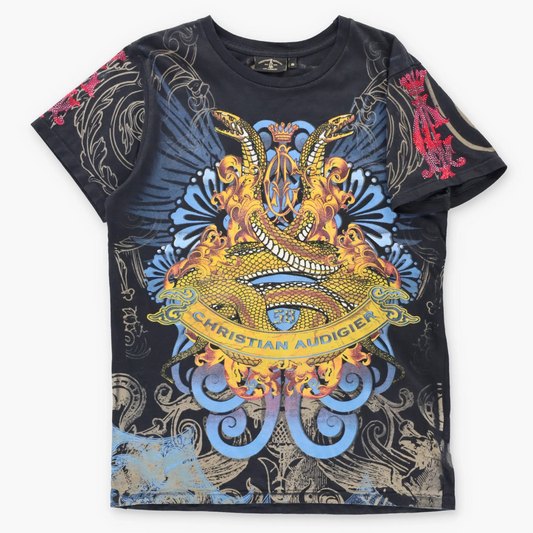 Vintage CHRISTIAN AUDIGIER Rhinestone Logo & Gold Foil Snakes All Over Print Y2K Tee USA Made (S)