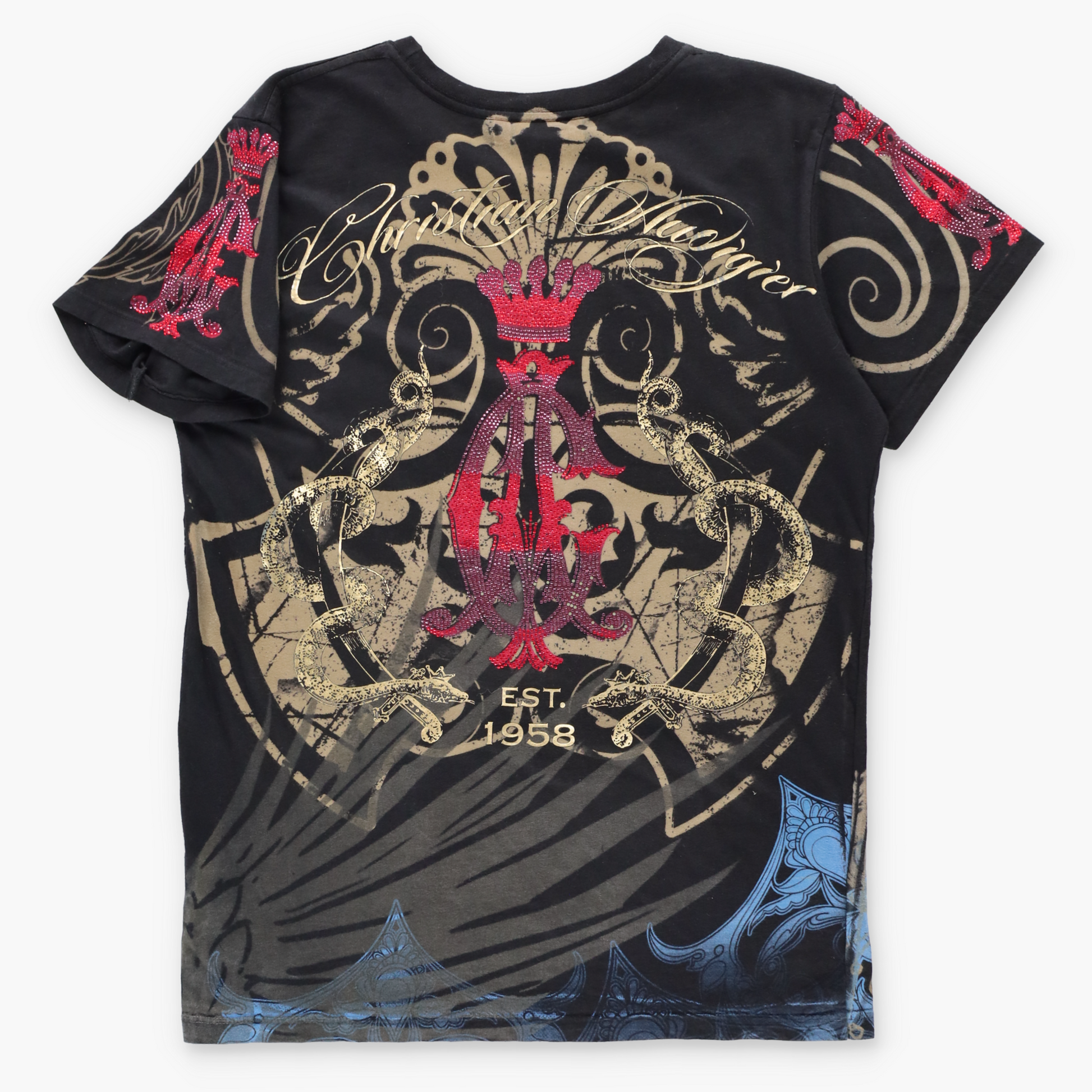 Vintage CHRISTIAN AUDIGIER Rhinestone Logo & Gold Foil Snakes All Over Print Y2K Tee USA Made (S) Vintage Sole Melbourne