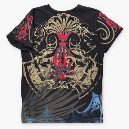 Vintage CHRISTIAN AUDIGIER Rhinestone Logo & Gold Foil Snakes All Over Print Y2K Tee USA Made (S) Vintage Sole Melbourne
