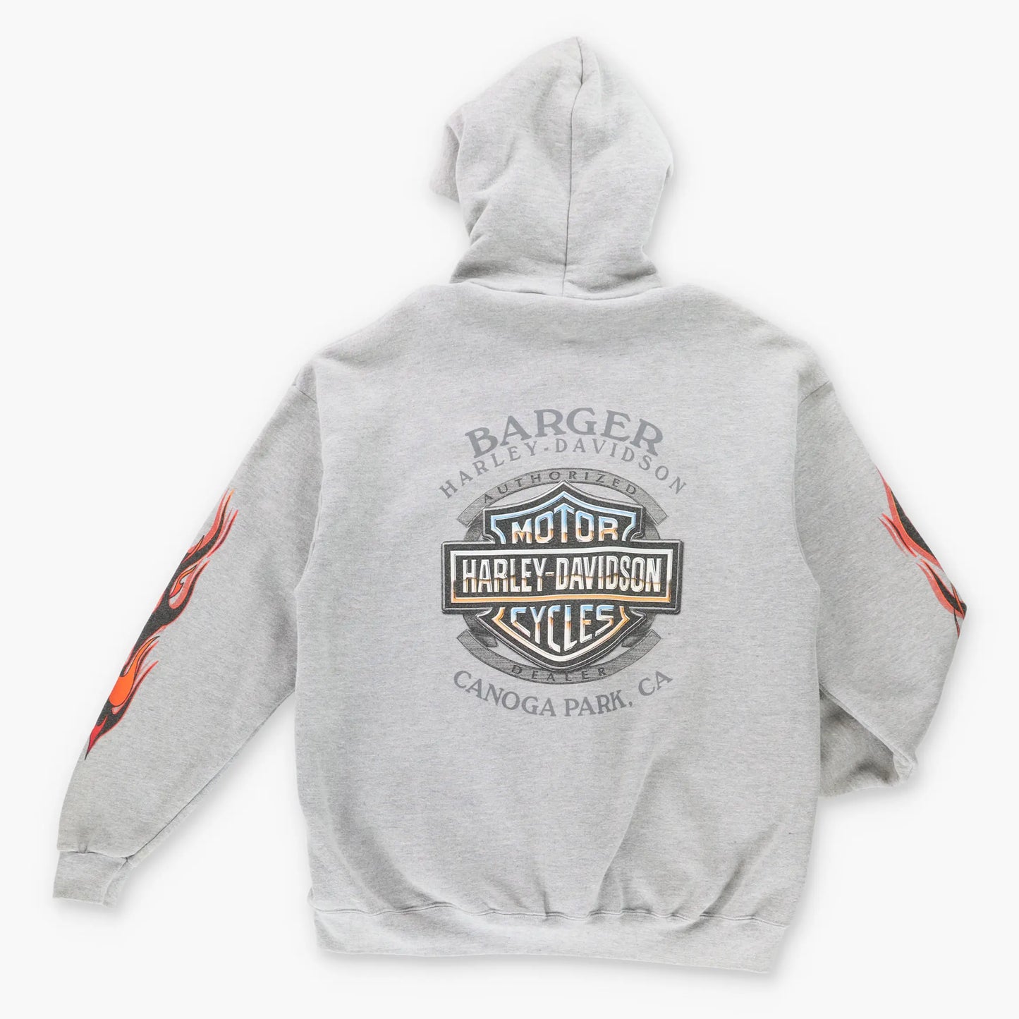 Vintage HARLEY DAVIDSON Y2K Flame Sleeve Hooded Grey Motorcycle Sweatshirt (XL)