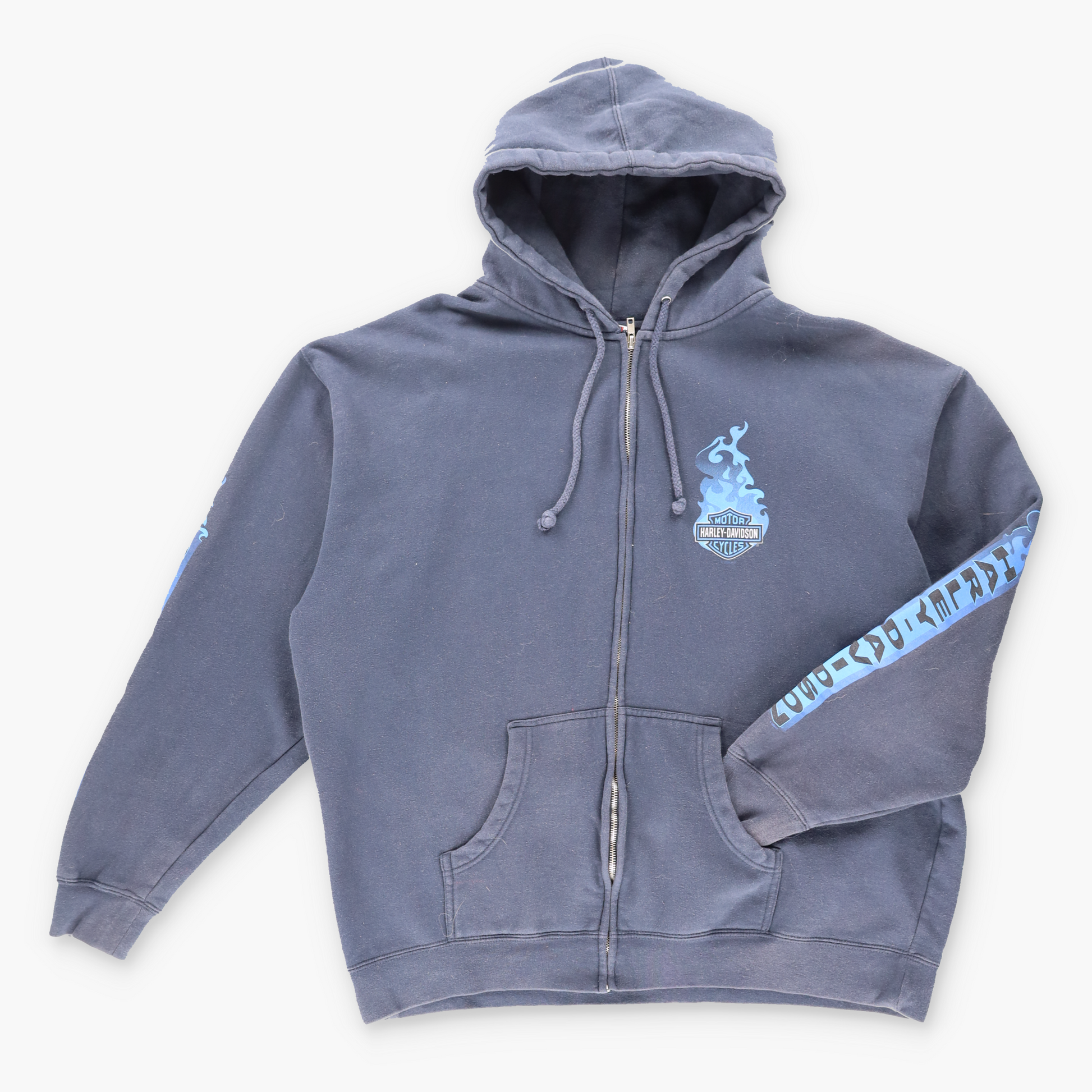 Vintage HARLEY DAVIDSON 'Four Rivers' Lady Blue Flame Zip Up Hooded Sweatshirt (XL) Vintage Sole Melbourne
