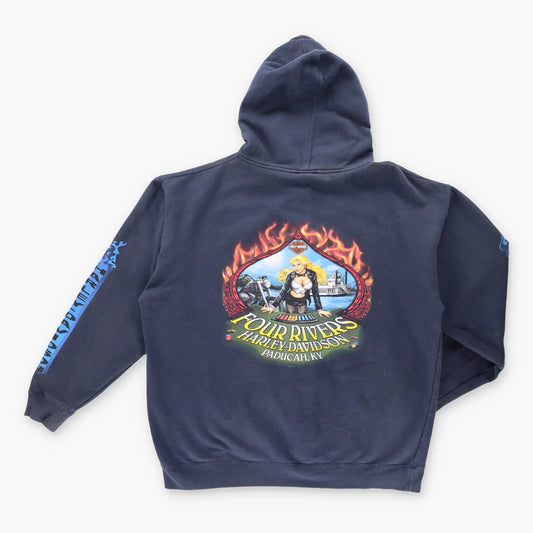 Vintage HARLEY DAVIDSON 'Four Rivers' Lady Blue Flame Zip Up Hooded Sweatshirt (XL)