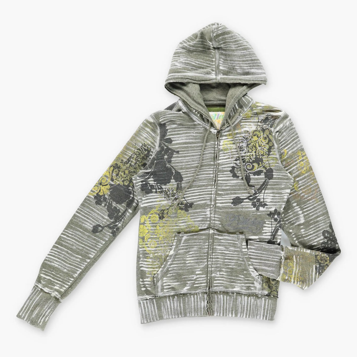 Vintage Y2K Zip Up Grunge Floral Surf Green Hooded Sweatshirt (S-M)