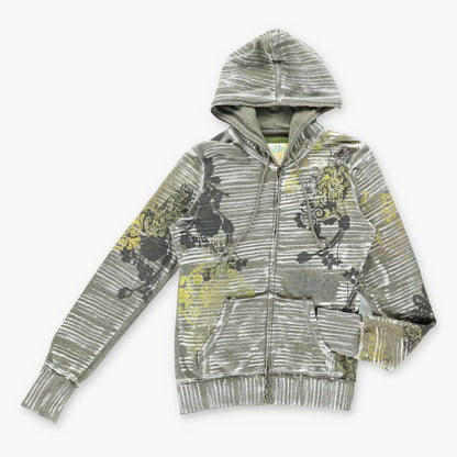 Vintage Y2K Zip Up Grunge Floral Surf Green Hooded Sweatshirt (S-M)