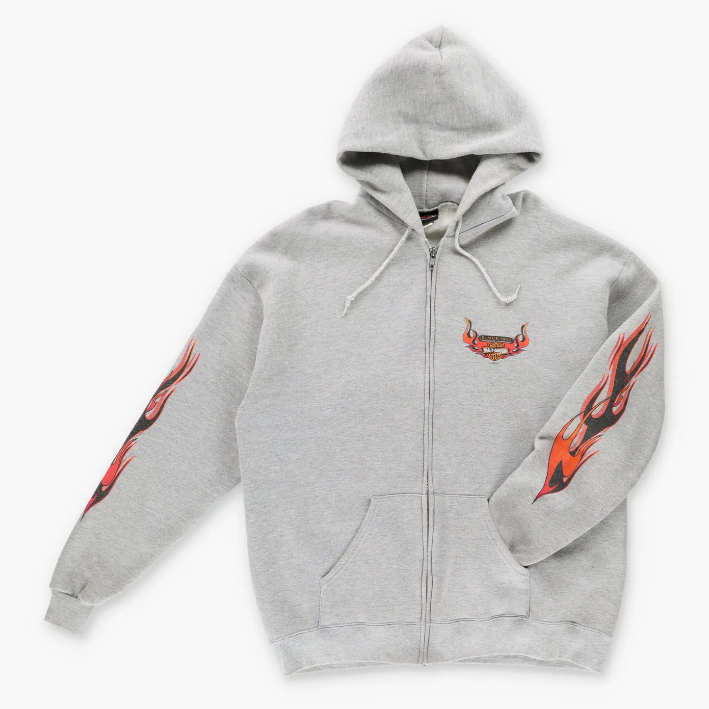 Vintage HARLEY DAVIDSON Y2K Flame Sleeve Hooded Grey Motorcycle Sweatshirt (XL)
