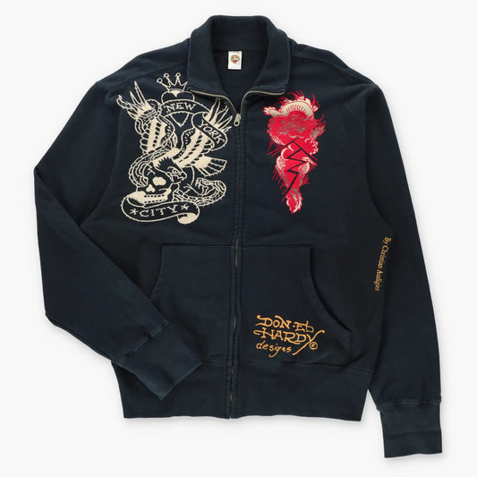 Vintage ED HARDY x CHRISTIAN AUDIGIER Velvet Detailing & Embellished Skull Y2K Full Zip Sweatshirt (XL-XXL)