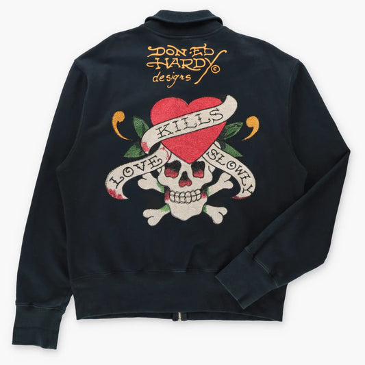 Vintage ED HARDY x CHRISTIAN AUDIGIER Velvet Detailing & Embellished Skull Y2K Full Zip Sweatshirt (XL-XXL)