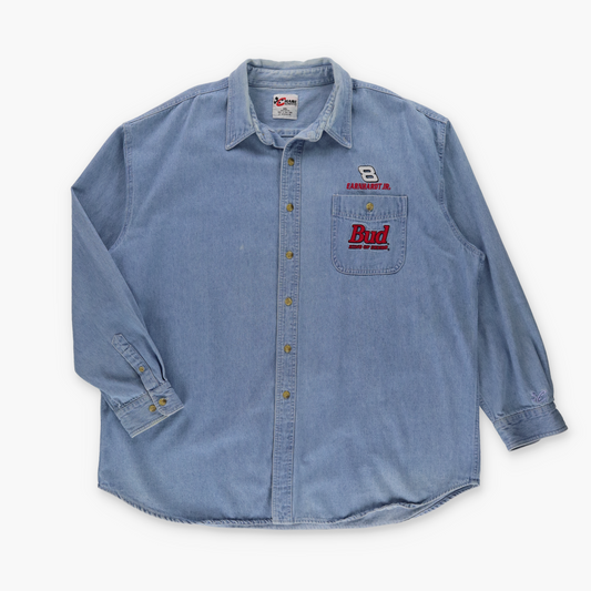 Dale Earnhardt Jr x Bud CHASE AUTHENTICS Embroidered Denim Button Up NASCAR Shirt (XXL)