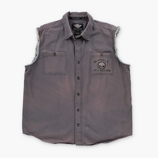 HARLEY DAVIDSON Grey Embroidered Willie G Skull Sleeveless Button Down Vest (XXL)