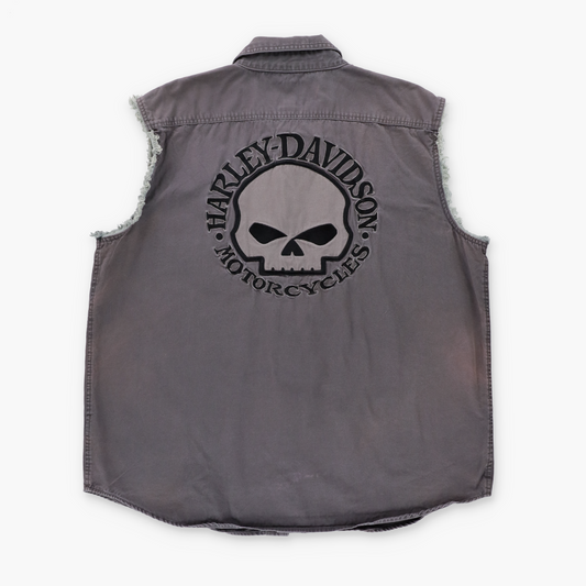 HARLEY DAVIDSON Grey Embroidered Willie G Skull Sleeveless Button Down Vest (XXL)
