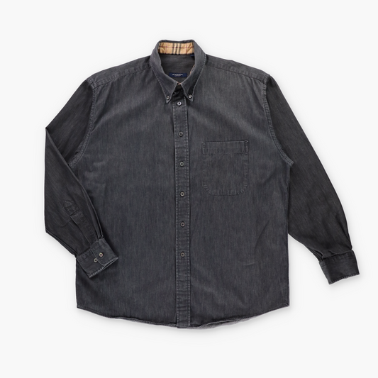 BURBERRY Plaid Lined Collar USA Made Dark Grey Button Down Shirt (L)