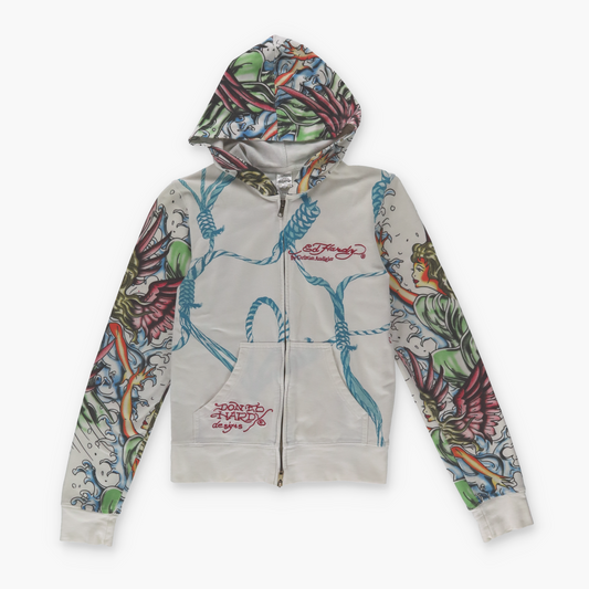 ED HARDY Christian Audigier Y2K Embellished Colourful Goddess Zip-Up Sweatshirt (S)