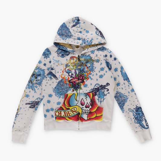ED HARDY Christian Audigier Y2K Colourful Graphic  Zip-Up Hooded Sweatshirt (XS)