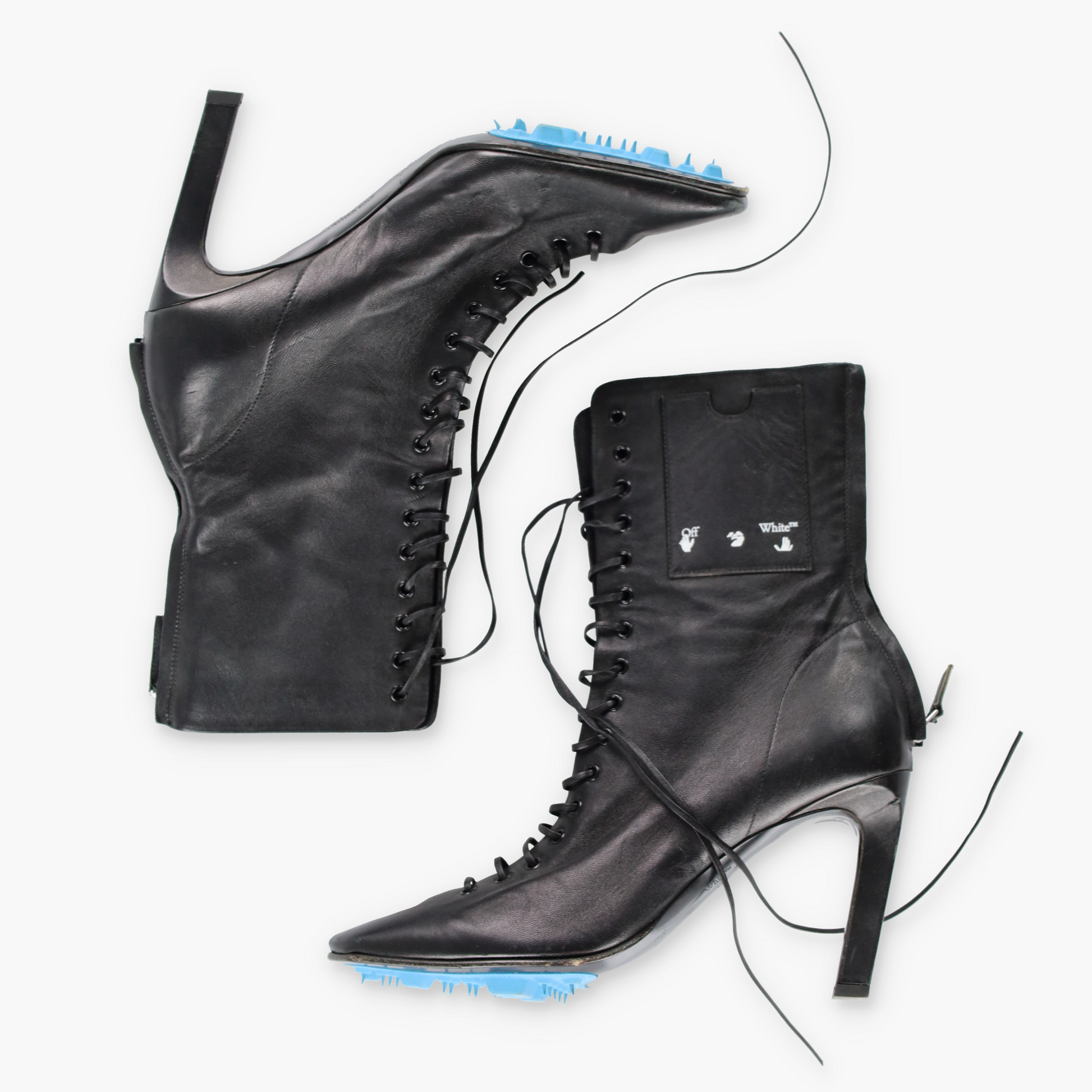 Vintage OFF-WHITE Leather Lace-Up Card Holder Black Heeled Boots (38) *Aubs Vintage Sole Melbourne