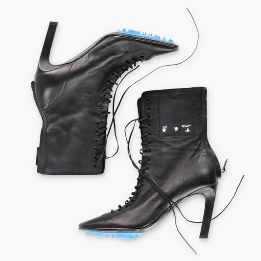 Vintage OFF-WHITE Leather Lace-Up Card Holder Black Heeled Boots (38) *Aubs Vintage Sole Melbourne
