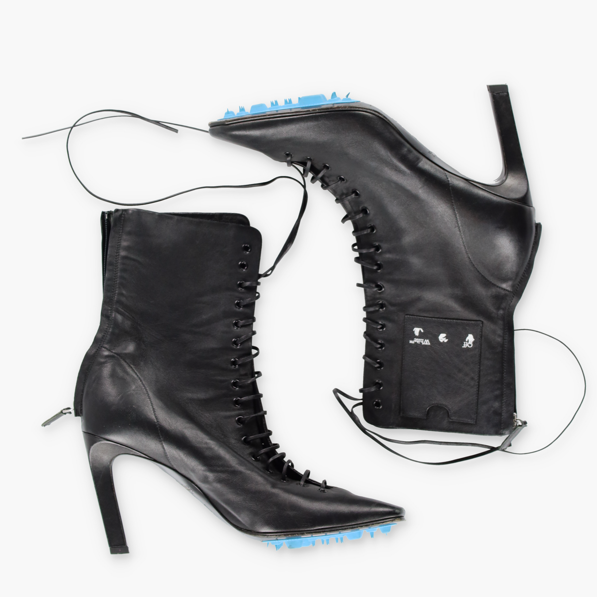 Vintage OFF-WHITE Leather Lace-Up Card Holder Black Heeled Boots (38) *Aubs Vintage Sole Melbourne