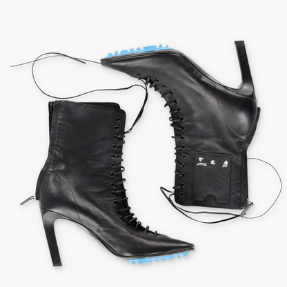 Vintage OFF-WHITE Leather Lace-Up Card Holder Black Heeled Boots (38) *Aubs Vintage Sole Melbourne