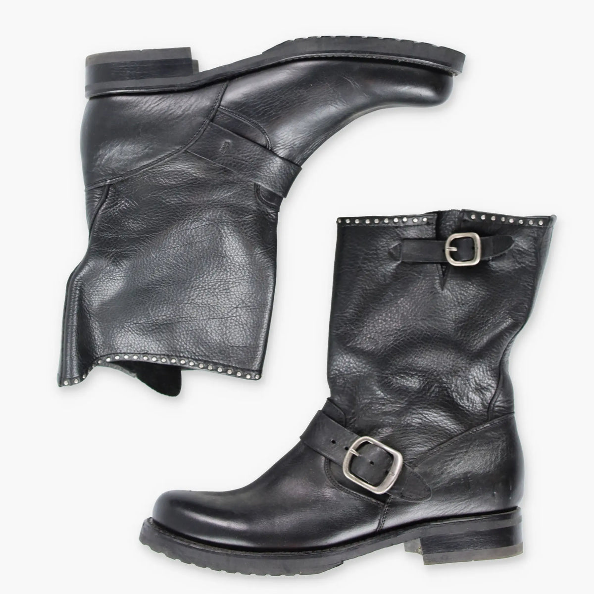 Vintage FRYE Veronica Short Buckle Biker Black & Silver Boots (Women's 6 )*Aubs Vintage Sole Melbourne