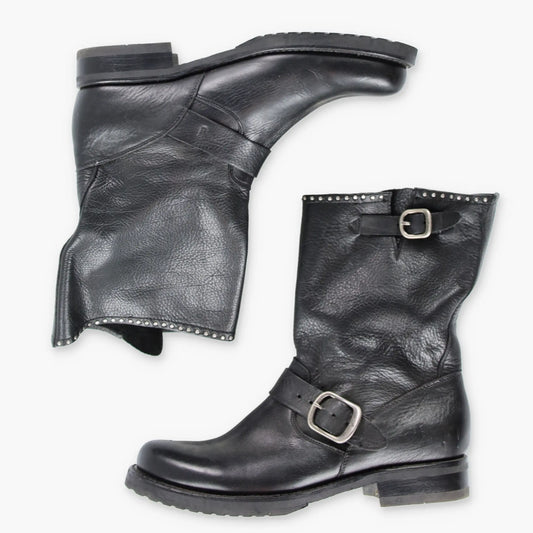 Vintage FRYE Veronica Short Buckle Biker Black & Silver Boots (Women's 6 )*Aubs Vintage Sole Melbourne