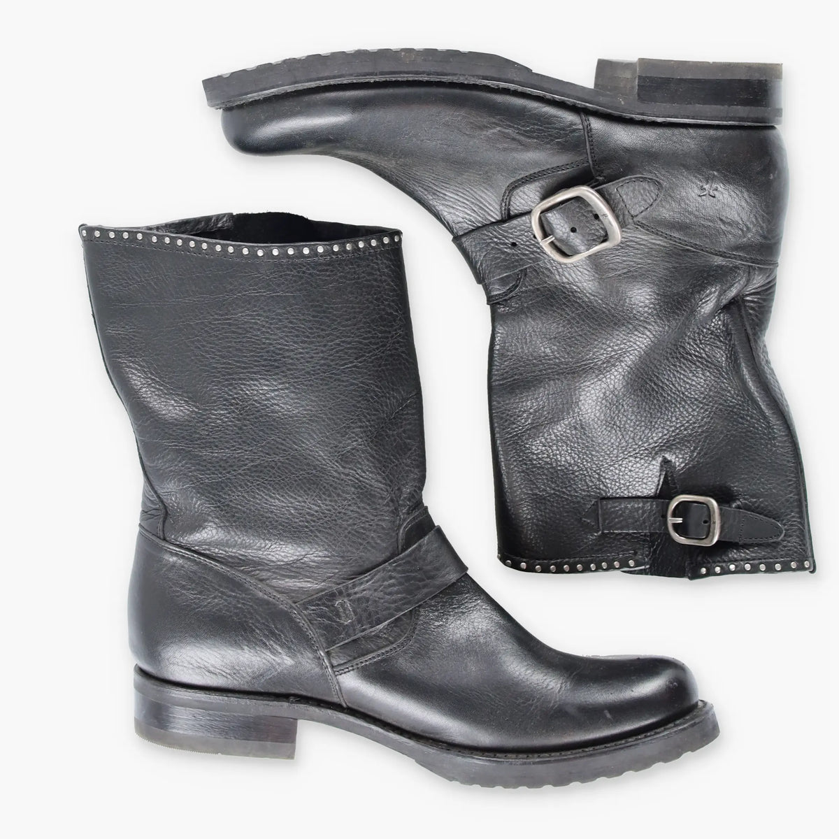 Vintage FRYE Veronica Short Buckle Biker Black & Silver Boots (Women's 6 )*Aubs Vintage Sole Melbourne