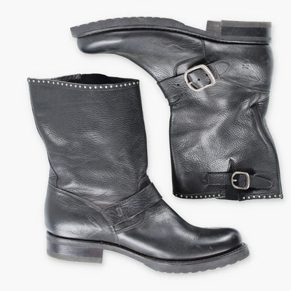 Vintage FRYE Veronica Short Buckle Biker Black & Silver Boots (Women's 6 )*Aubs Vintage Sole Melbourne