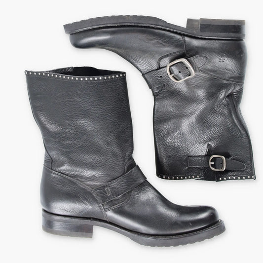 Vintage FRYE Veronica Short Buckle Biker Black & Silver Boots (Women's 6 )*Aubs Vintage Sole Melbourne