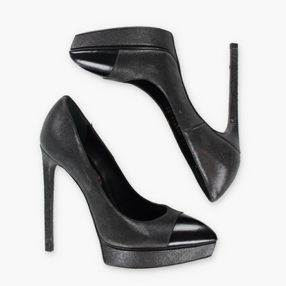 Vintage SAINT LAURENT Black & Silver Cap Toe Platform Pump Heels (37) *Aubs Vintage Sole Melbourne
