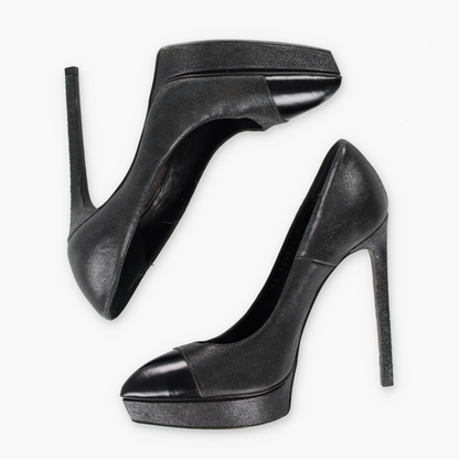Vintage SAINT LAURENT Black & Silver Cap Toe Platform Pump Heels (37) *Aubs Vintage Sole Melbourne
