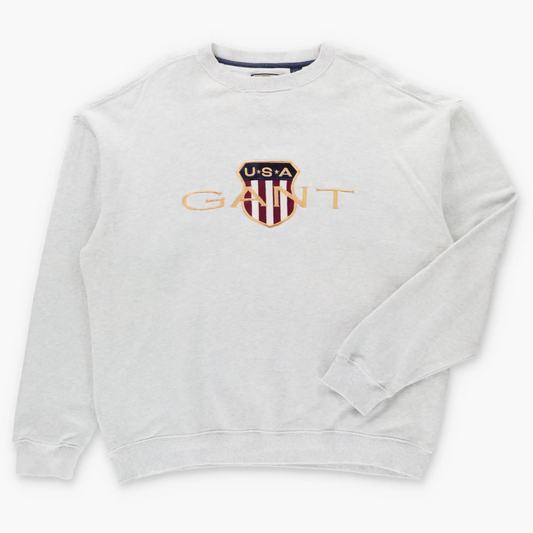 Vintage GANT Embroidered USA Flag Crest & Gold Spell Out Logo Light Grey Sweatshirt (L-XL) ***COCO Vintage Sole Melbourne