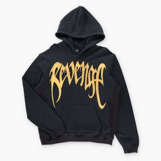 REVENGE Gold Embroidered Spell Out Logo Black Hoodie Sweatshirt (L) ***COCO Vintage Sole Melbourne