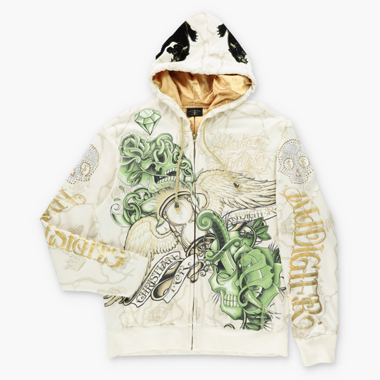 Vintage CHRISTIAN AUDIGIER Winged Hourglass & Skulls Embellished Y2K Hoodie Sweatshirt (L) ***COCO Vintage Sole Melbourne