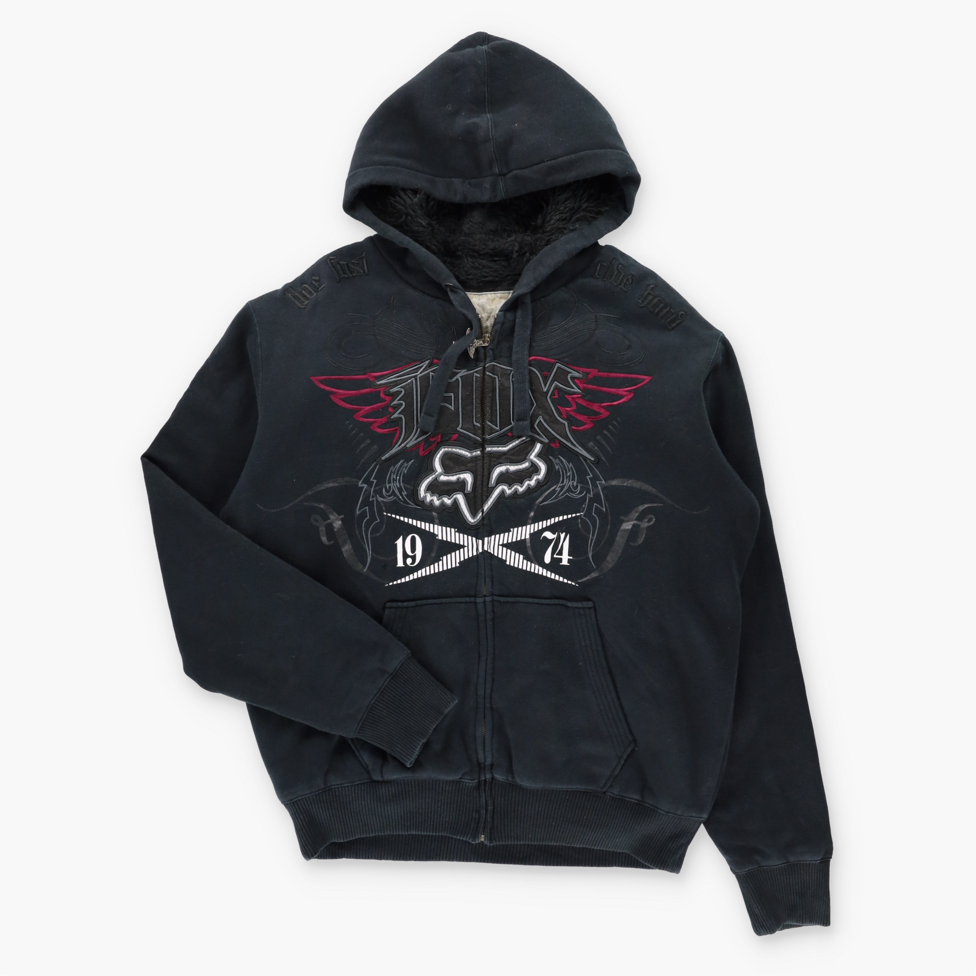 FOX RACING Team "Live Fast Ride Hard" Felt Logo Patch Black Hoodie Sweatshirt (XL-XXL) ***COCO Vintage Sole Melbourne