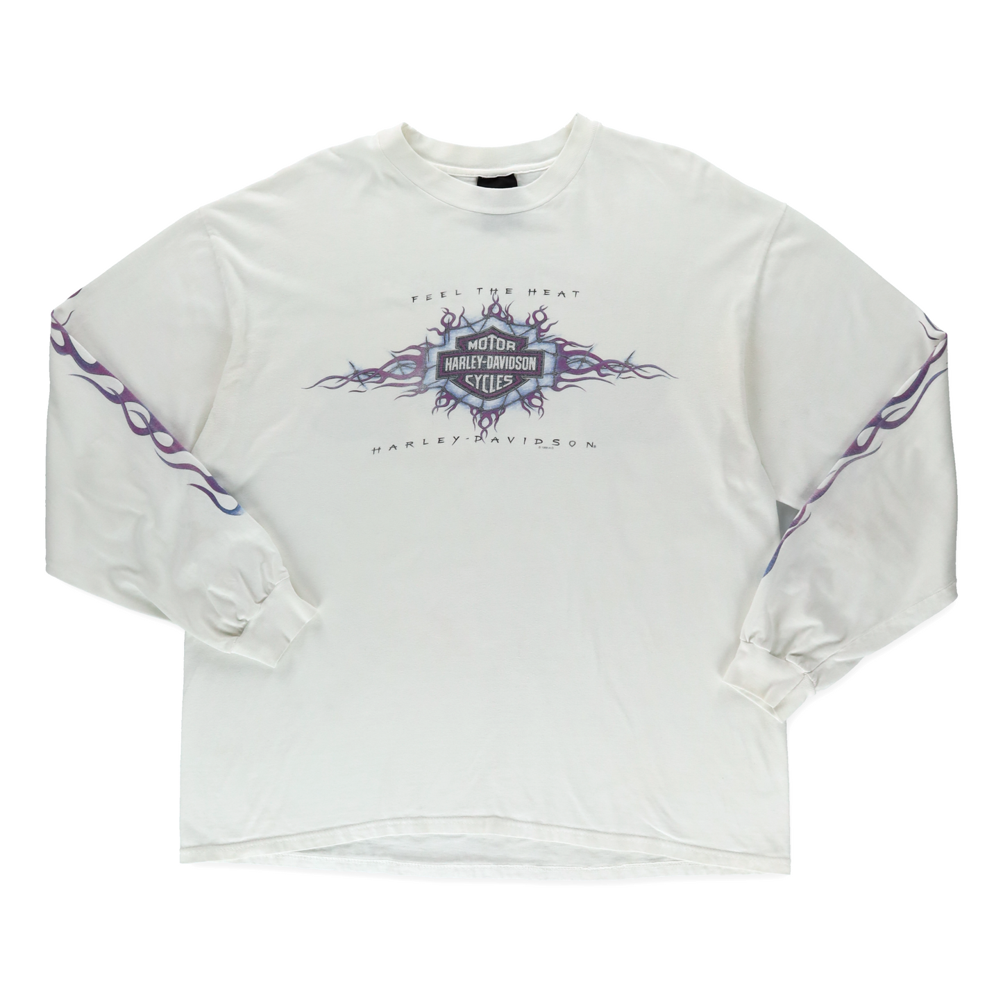 1998 HARLEY DAVIDSON Flame USA Made White & Purple Long Sleeve Motorcycle T-Shirt (XL)