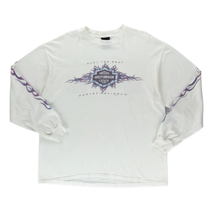 1998 HARLEY DAVIDSON Flame USA Made White & Purple Long Sleeve Motorcycle T-Shirt (XL)