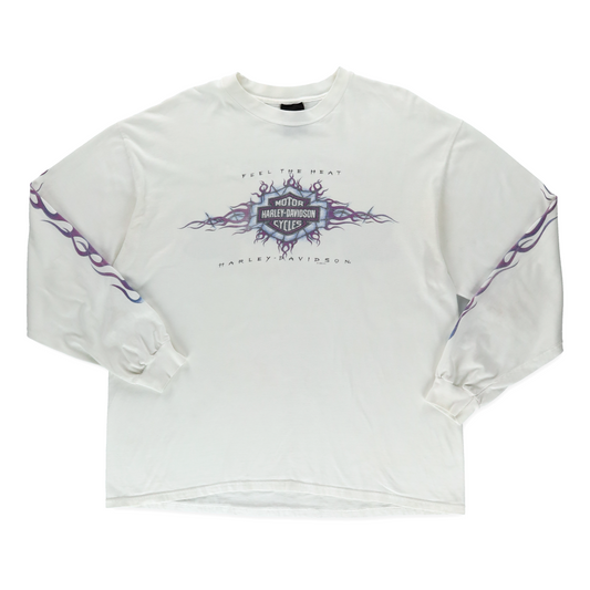 1998 HARLEY DAVIDSON Flame USA Made White & Purple Long Sleeve Motorcycle T-Shirt (XL)