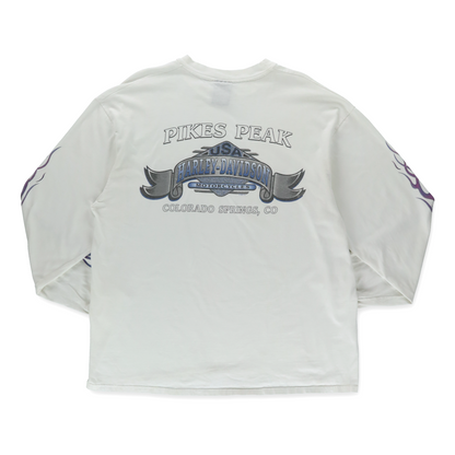 1998 HARLEY DAVIDSON Flame USA Made White & Purple Long Sleeve Motorcycle T-Shirt (XL)