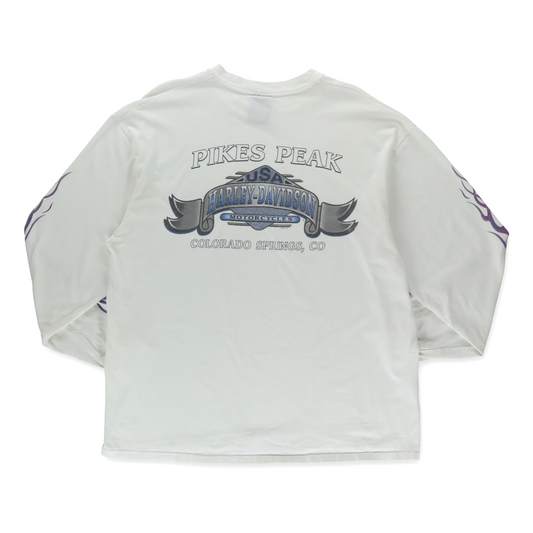 1998 HARLEY DAVIDSON Flame USA Made White & Purple Long Sleeve Motorcycle T-Shirt (XL)