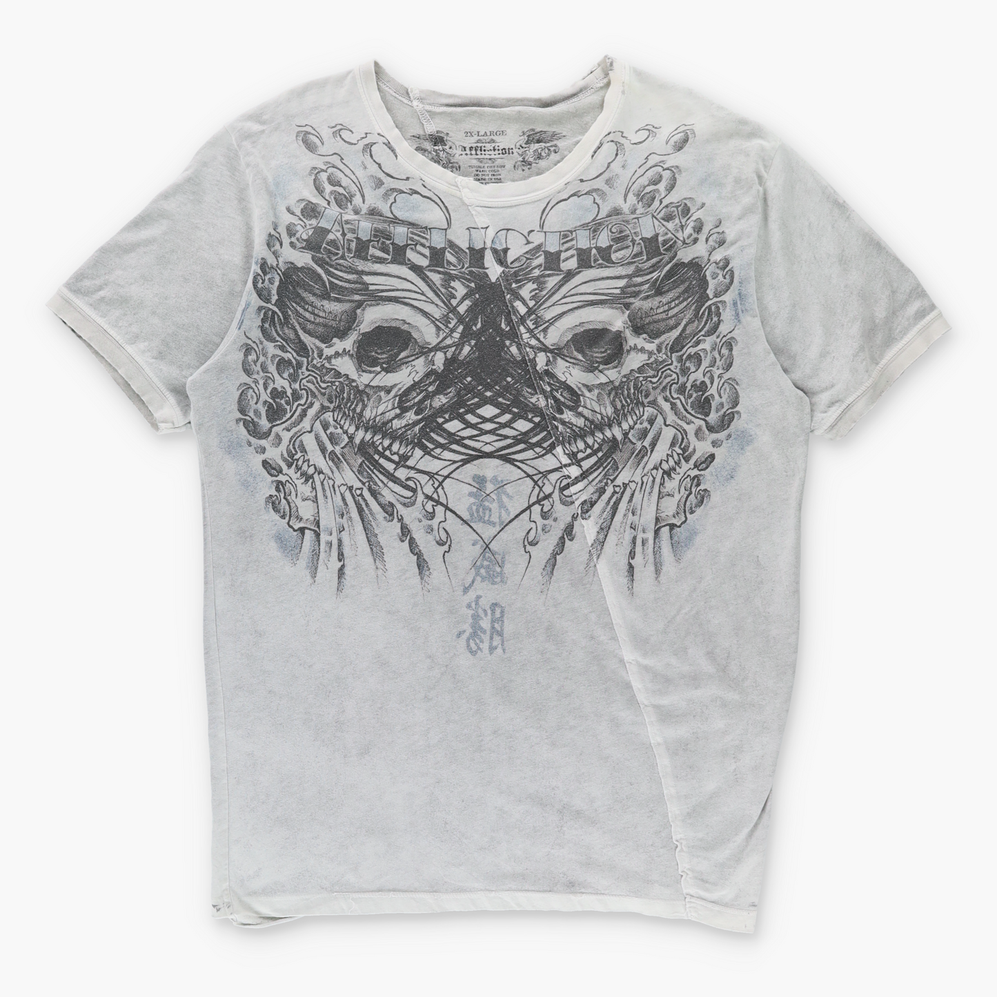AFFLICTION Y2K Two Skulls Lightweight Distressed USA Made Grey Tee (XXL)